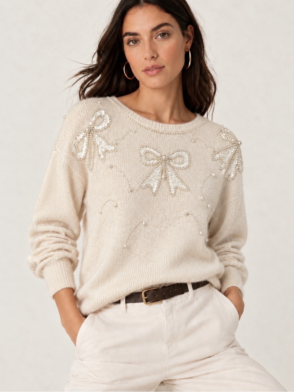 Vintage Angora Silk Pearl Sequin Bow Sweater Ivory White M Y2K 90s Romantic Fall